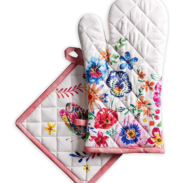 Maison d' Hermine Oven Mitt & Pot Holder 100% Cotton Set of Easter Oven Gloves (7.5"x13") & Hot Pads (8"x8") for BBQ, Cooking, Baking, Grilling & Microwave, Happy Florals - High Summer - Spring/Summer