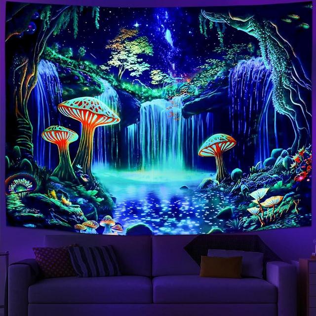 Ameyahud Blacklight Forest Tapestry UV Reactive Waterfall Tapestries Starry Sky Tapestry Fantasy Nature Plant Landscape Wall Hanging Decor for Home