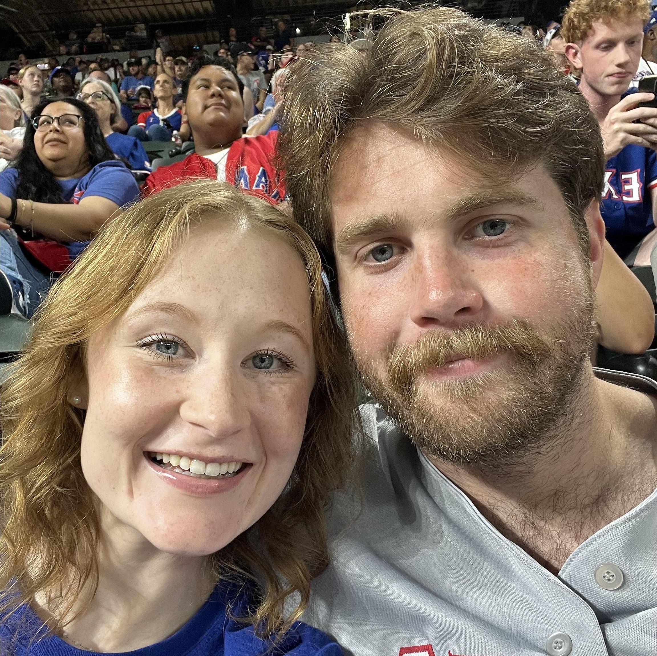 Right before we devoured some dogs at a Rangers game!