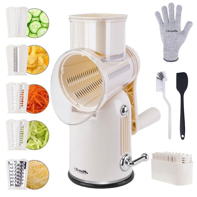 SLEEKDR Rotary Cheese Grater with Handle – Includes 5 Stainless Blades and Feature Strong Suction Base – Easy to Clean, Cheese Shredder Hand Crank, Multi-Purpose Slicer (White)