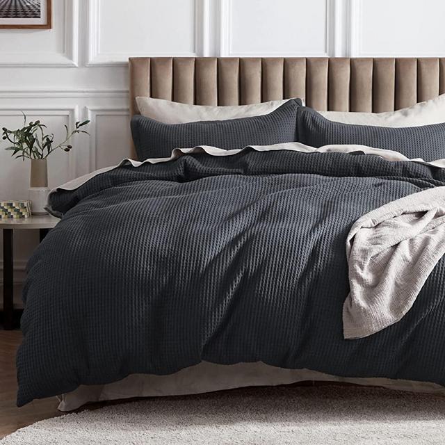 BEDSURE Cotton Duvet Cover Queen - 100% Cotton Waffle Weave Charcoal Duvet Cover Queen Size, Soft and Breathable Queen Duvet Cover Set for All Season (Queen, 90x90'')