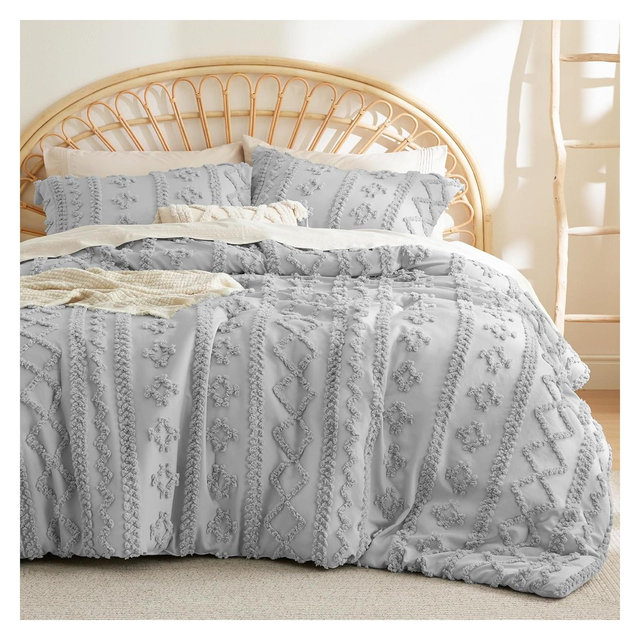 3Pcs Tufted Boho Farmhouse Shabby Chic Embroidery Light Grey Queen Size Comforter Set - Bedsure