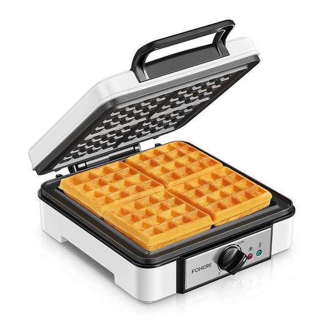 FOHERE Belgian Waffle Maker 4 Slices, 1200W Waffle Iron, 5 Browning Levels, Nonstick Plates, Cool-touch Handle, Anti-scald Phenolic Housing, Anti-overflow Moat, Indicator Lights, Recipes, White