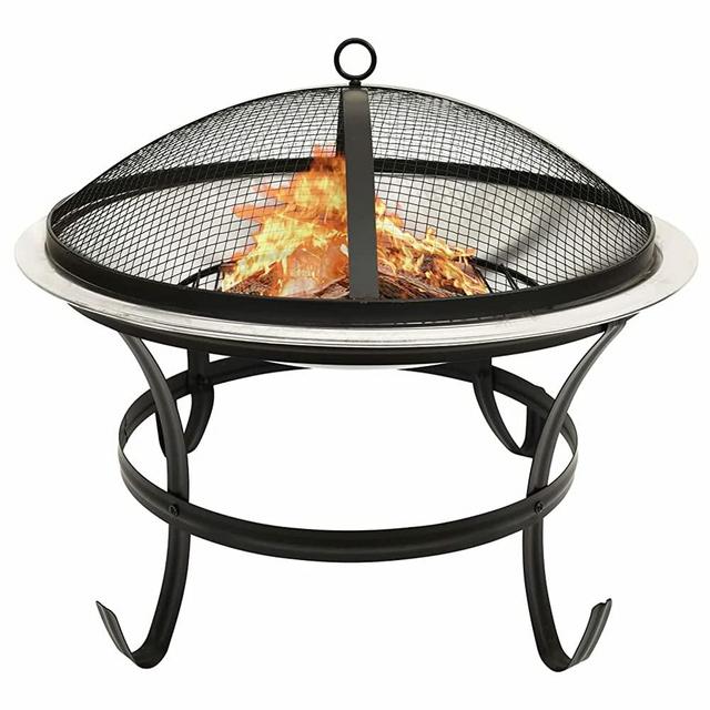 Tidyard 2-in-1 Outdoor Fire Pit with Cooking Grid and Poker Wood Burning Stainless Steel Firepit Log Grate Silver for BBQ, Camping, Backyard, Garden, Beaches 22 x 22 x 19.3 Inches (L x W x H)