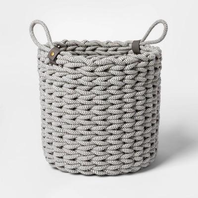 Coiled Rope Fishtail Weave Basket with Faux Leather Accent Gray - Project 62™