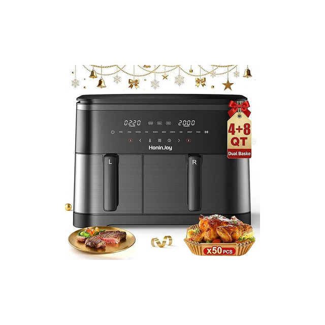 HoninJoy 12QT Large Air Fryer with Dual Basket (4QT+8QT), 13-in-1 Digital Touchscreen Double Zone Air Fryers with 50pcs Paper Liners, Sync & Dual, for Bake, Roast, Shake Reminder, Dishwasher Safe