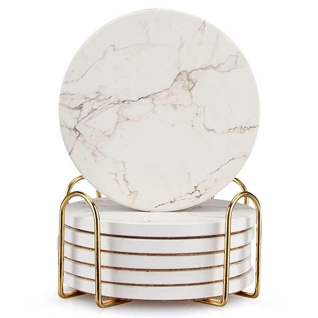 6 Pcs White Marble Coaster Set with Holder Best Absorbent Coasters Drink Stone Coasters Ceramic Wine Coasters Table Cup Coasters