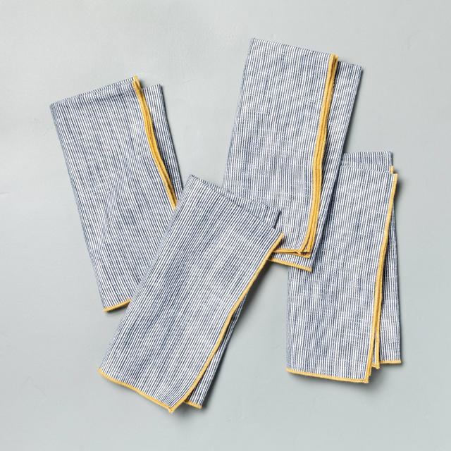 4pk Textured Thin Stripe Napkin Set Faded Blue with Yellow Trim - Hearth & Hand™ with Magnolia
