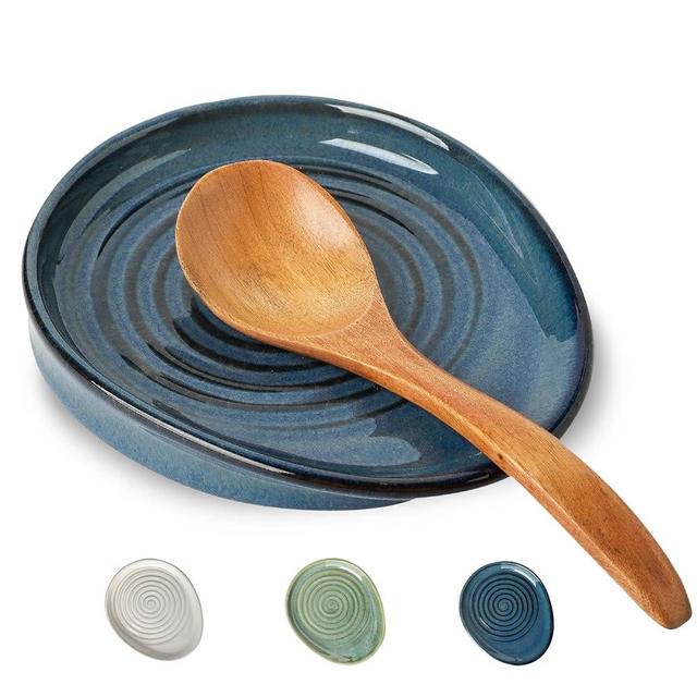 Seyatoo Ceramic Spoon Rest for Stove Top, Spoon Holder for Kitchen Counter, Farmhouse Cooking Utensil Holder for Spoons, Ladles, Spatula, Glazed Blue