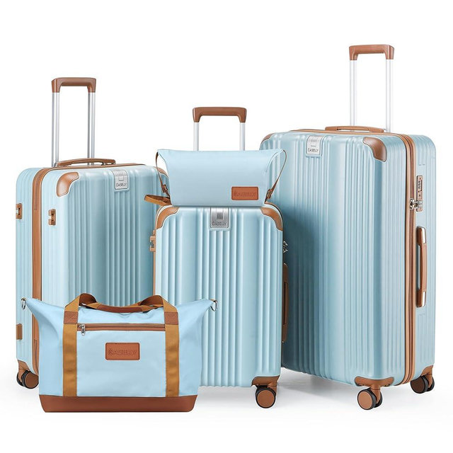 CASELLY Luggage Set 3 Piece Luggage with PC+ABS Hardshell TSA Lock Spinner Wheels Carry on Lightweight Suitcase，YKK Zippers (Light Blue, 5 Piece Set (20/24/28/DB/TB))