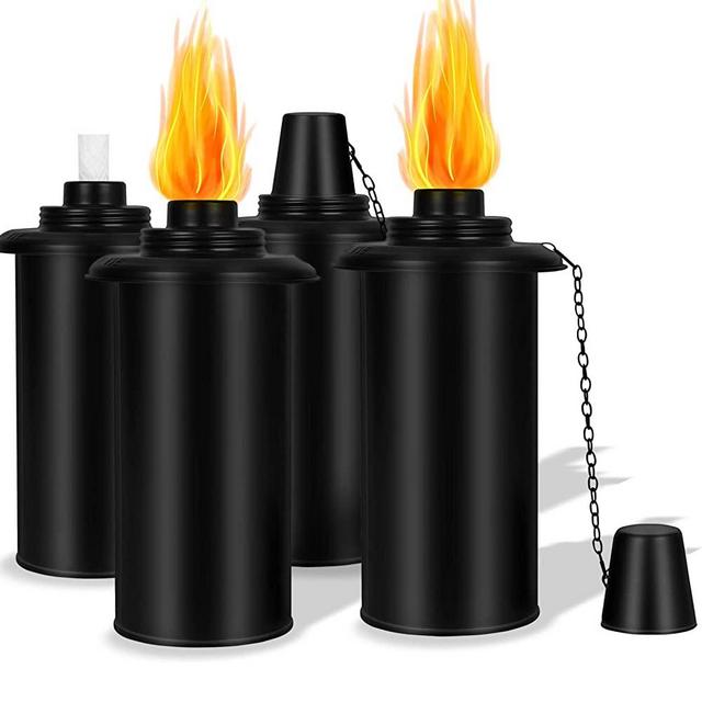 TaoTazon Torch Canisters, 16oz Replacement Bamboo Torch Refillable Canister with Wicks and Caps, Black Outdoor Citronella Torch Cans(4 Pack)