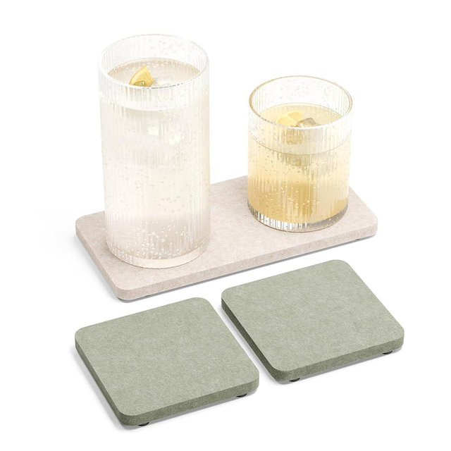 Fluxynara Felt Coasters for Drinks, Mixed 8x4 & 4x4 Inch Absorbent Mats with Non-Slip Silicone Feet, Heat-Resistant & Reusable for Coffee Table & Living Room, Oatmeal & Sage, 3 Pcs