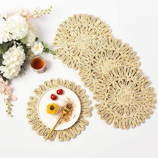 IcosaMro Round Woven Placemats for Dining Table Set of 4 Natural Braided Rattan Tablemat Hollow Wicker Charger Plates for Holiday Christmas Kitchen Table Mat, Beige