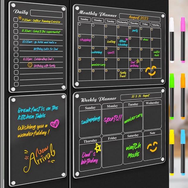 DIYMAG 4Pcs Acrylic Magnetic Dry Erase Calendar for Fridge, Clear Acrylic Calendar Planning Board Set Magnetic Weekly Monthly Planner Menu for Refrigerator with 6 Highlight Markers