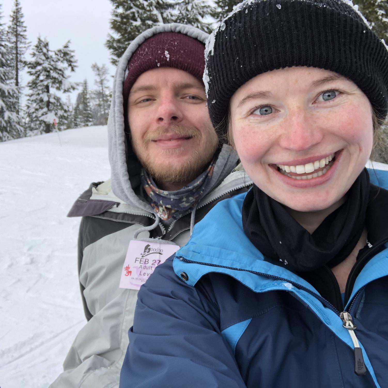 Taking a snowboarding lesson together at HooDoo Ski Resort (Thomas loved it, Colleen not so much)