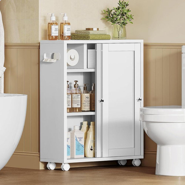 TEENFON Toilet Paper Cabinets, Slim Bathroom Storage Cabinet with 2 Adjustable Shelves, Toilet Paper Holder and Brush Compartment, Next to Toilets Storage, for Small Space, Bathroom, White