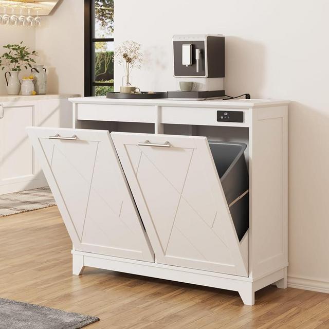 Halitaa Double Tilt Out Trash Cabinet, Free Standing 10 Gallon Recycling Trash Can Cabinet with Negative Ion and Deodorizing Function, for Kitchen Living Room White