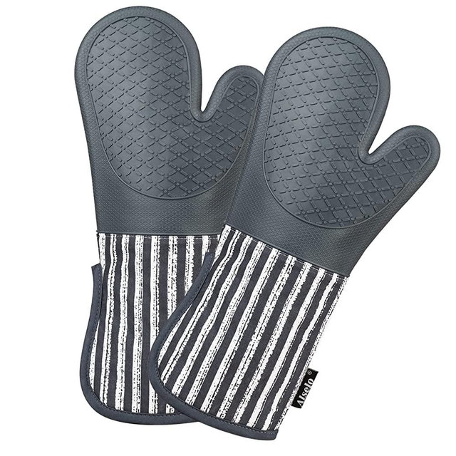 Alselo Silicone Oven Mitts Heat Resistant 932℉ with Waterproof & Non-Slip Kitchen Mittens, Set of 2 Extra Long Oven Gloves with Soft Cotton Terry Lining for Baking Cooking Barbecue