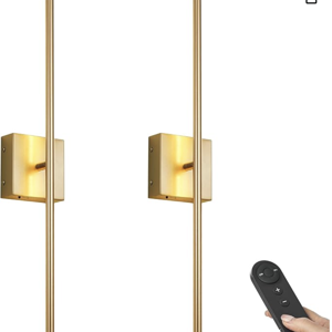 Battery Operated Wall Sconces with Remote Control, Dimmable Wall Sconces Set of Two, 350°Rotate, 3000K LED Gold Wireless Wall Light for Living Room, Hallway, Bedroom, 28.3 Inch (2 Pack)