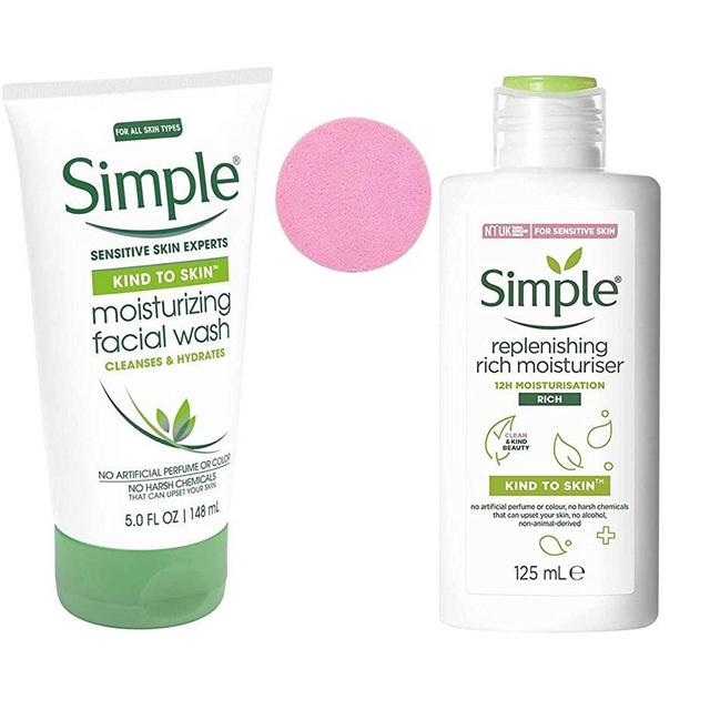 YDF Simple Hydrating Rich Moisturizer, 4.2 Ounce - Simple Moisturizing Facial Wash, 5 Ounce - With Compressed Face Sponge