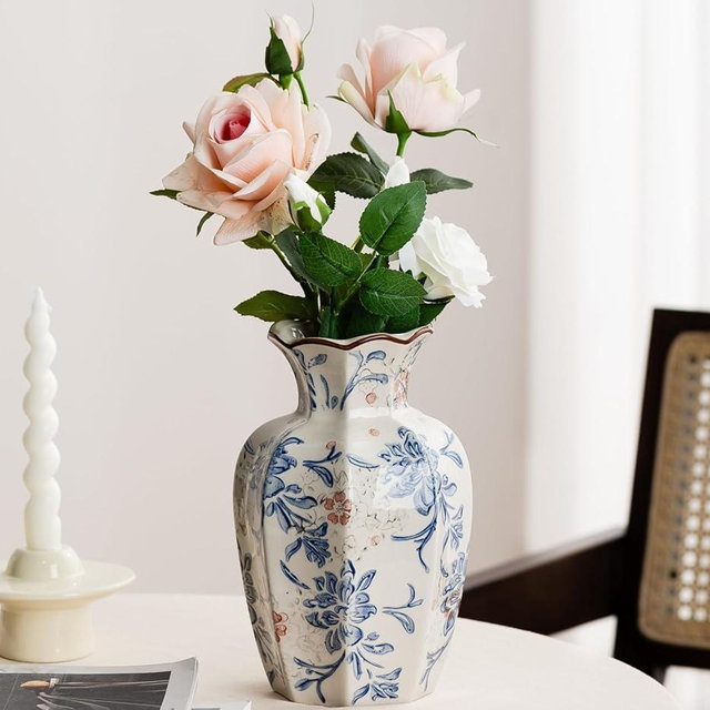 Blue and White Vase, Vintage Blue Ceramic Flower Vessel,Ceramic vases for Home Decor,Vintage Green and Beige for Console Table Mantle Chinoiserie Decor (Blue and White-02, Large)