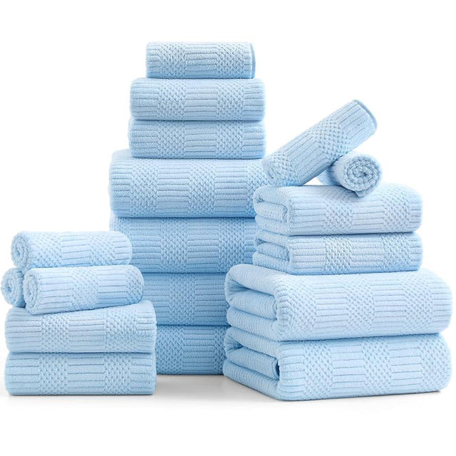18 Pcs Blue Woven Family Towels Set-6 Bath Sheets,6 Hand Towels,6 Washcloths Soft Microfiber Towels Absorbent Shower Towel Quick Dry Beach Chair Towel Lint Less Towels Set for Bathroom Spa Gym Hotel