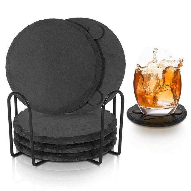 Black Slate Coasters for Drinks - Set of 6 - Anti-Scratch Drink Coasters with Holder - Natural Stone Coasters Bulk, Unique DIY Crafts - Cup Coaster Set for Home Decor, Bar, Coffee, Table