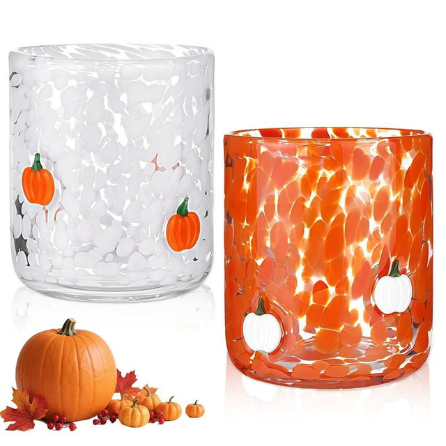 BIBIFACTORY 2026 New Icon Juice Glasses, Anthropologie Glassware, 14oz Icon Stemless Drinking Glasses Set, Ideal for Gift & Halloween Party Drinkware (Pumpkin)