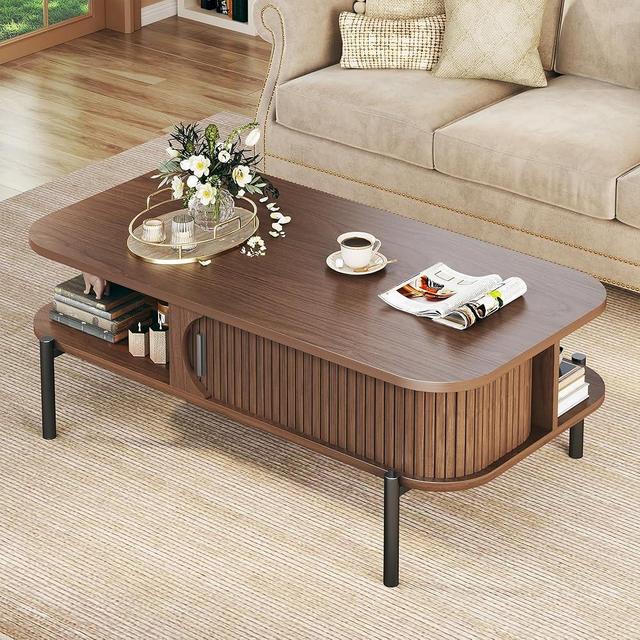 Coffee Table, 39.4" Mid Century Modern Coffee Tables for Living Room, Coffee Table with Storage Open Shelf, Fluted Table with Sliding Cabinet Door, 2-Tier Rustic Wood Desktop, Walnut
