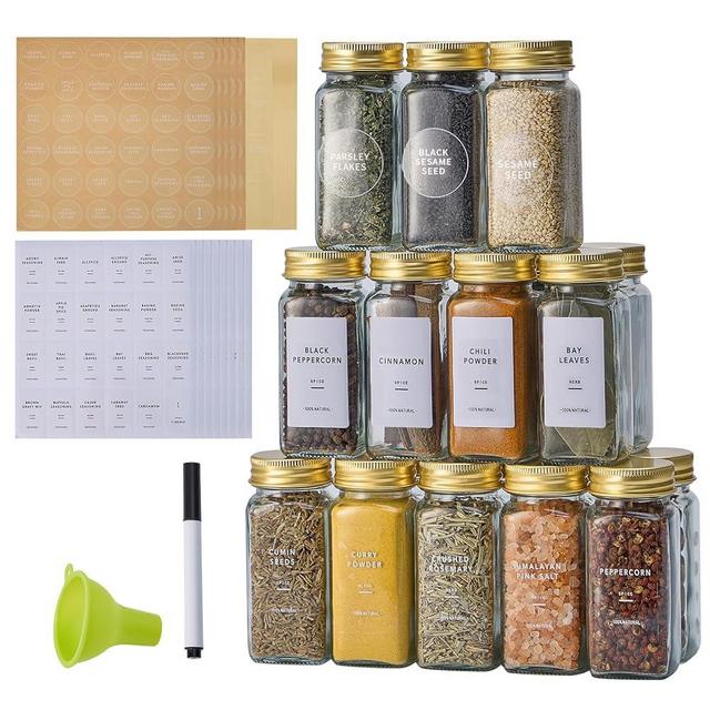 Fiwence 24 Pcs Glass Spice Jars with 576 Labels, 4oz Empty Square Spice Containers,Seasoning Bottles with Gold Metal Caps - Shaker Lids, Funnel and Chalk Pen Included