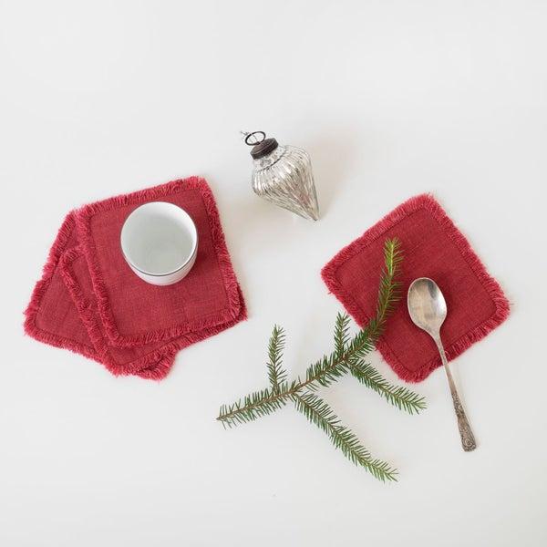 Set of 4 Red Pear Washed Linen Coasters with Fringes