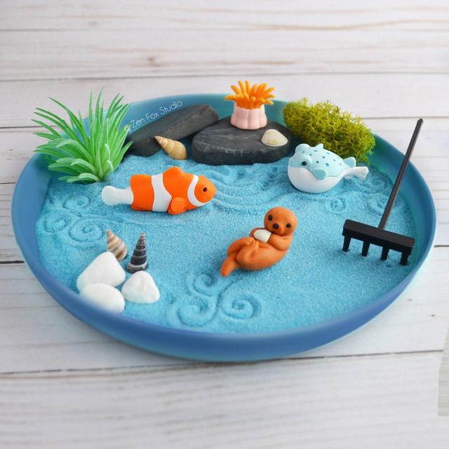 Mini Ocean Zen Garden // Beach Sand Blue Desk Accessory DIY Kit Friend Birthday Gifts for Him Her Sea Otter Office Decor Fidget Toy Therapy