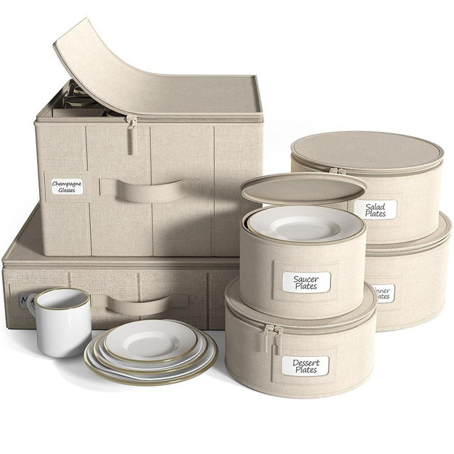 Sorbus China Storage Containers 6-Piece Set - Hard Shell Dinnerware Organizer for Plates, Glasses, Mugs & Saucers (Holds Service for 12) with Felt Protectors for Moving & Storage