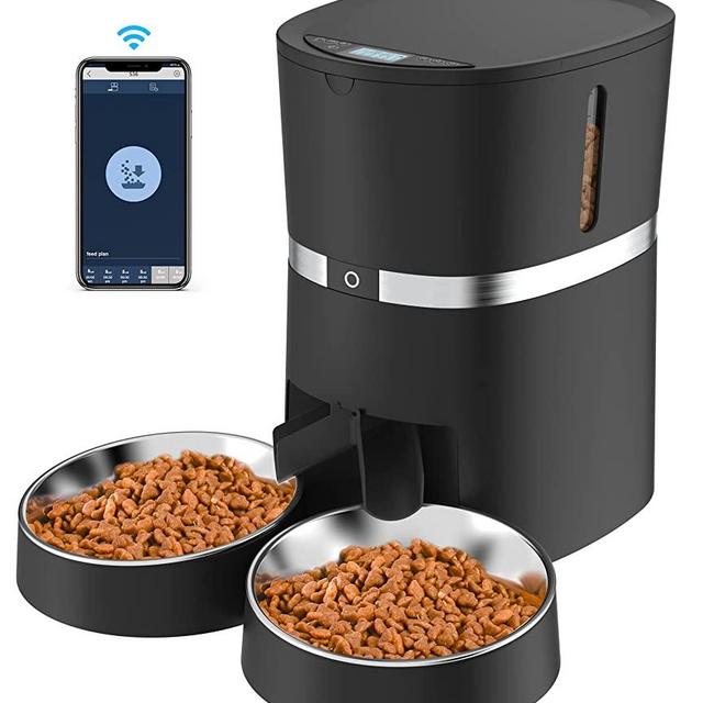 Smart Cat Feeder, WellToBe Automatic Cat Feeder WiFi Enable Pet Dog Food Dispenser App Control for Cat & Dog with Two-Way Splitter and Two Bowls, Voice Recorder Distribution Alarms, Portion Control