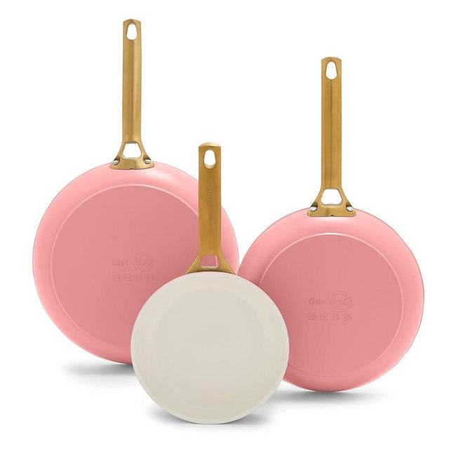 GreenPan 8" 10" & 12" 3 Piece Frying Pan Skillet Set, Healthy Ceramic Nonstick PFAS-Free Cookware, Hard Anodized Aluminum, Gold-Tone Stainless Steel Handles, Dishwasher and Oven Safe, Coral