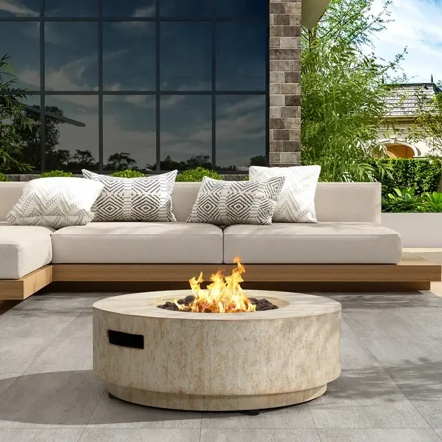 Christopher Knight Home Elisha Outdoor Lightweight Concrete 40,000 BTU Fire Pit Table with Lid, Travertine Beige