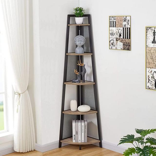 FATORRI Rustic Corner Shelf Stand, Industrial 5 Tier Tall Corner Bookshelf, Wood and Metal Corner Ladder Bookcase and Plant Stand (Rustic Oak)