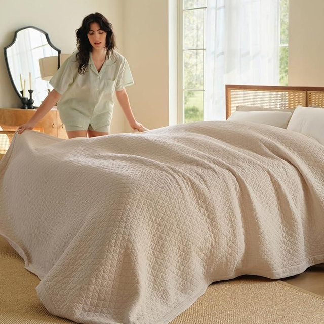 Bedsure 100% Cotton 8-Layer Muslin Quilted Blanket King, Breathable & Substantial Oeko TEX Gauze Bedding - All-Season Moisture-Wicking Comfort, Softens After Wash, Linen Beige, 108x90