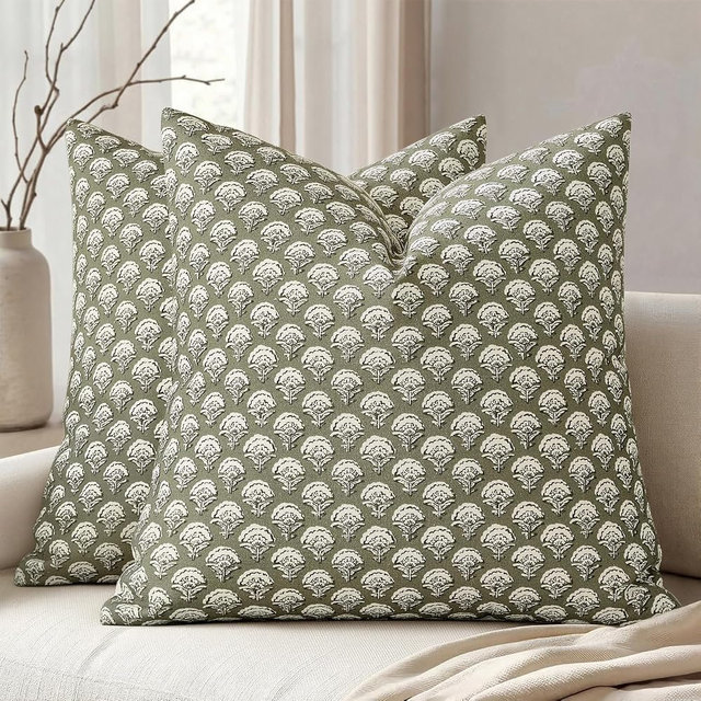 MIULEE Set of 2 Decorative Floral Pillow Covers Neutral Vintage Throw Pillows Block Print Boho Farmhouse Cushion Covers for Modern Spring Home Decor Couch Sofa Bed Living Room, 20x20 Inch, Sage Green