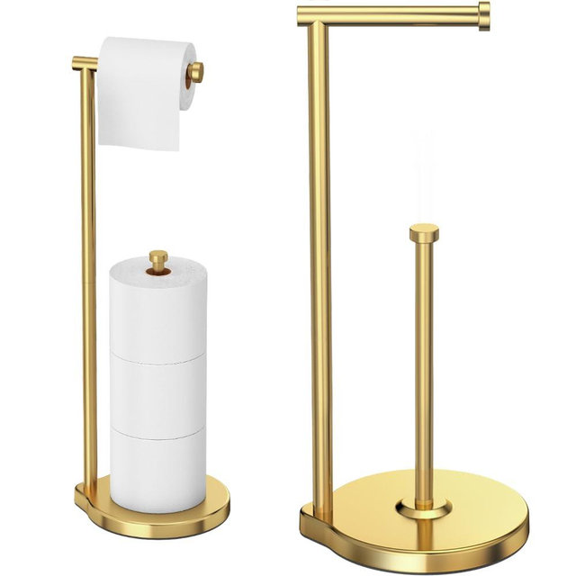 theaoo Heavy-Duty Toilet Paper Holder Stand – Modern Freestanding Bathroom Toilet Tissue Paper Roll Holder with Reserve & Storage, Stainless Steel (Gold, Free Standing)
