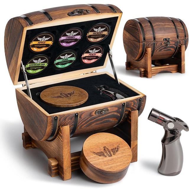 Whiskey Smoker Kit with Wooden Display Barrel(Patent Pending), Cocktail Smoker Kit with Torch and 6 Flavors Wood Chips, Old Fashioned Smoker Kit, Drink Smoker Kit for Man(No Butane)