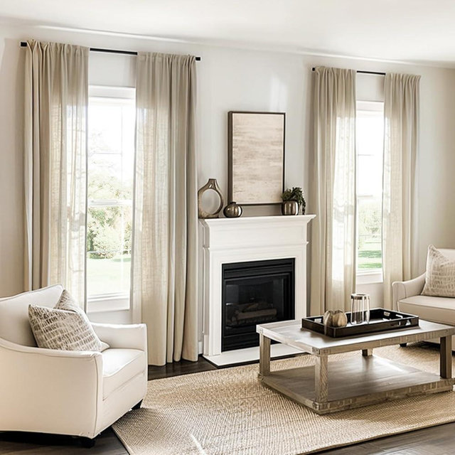 jinchan Linen Beige Curtains for Living Room Bedroom 90 Inches Long Farmhouse Light Filtering Drapes Rod Pocket 4 Panel Curtains Set Back Tab Crude