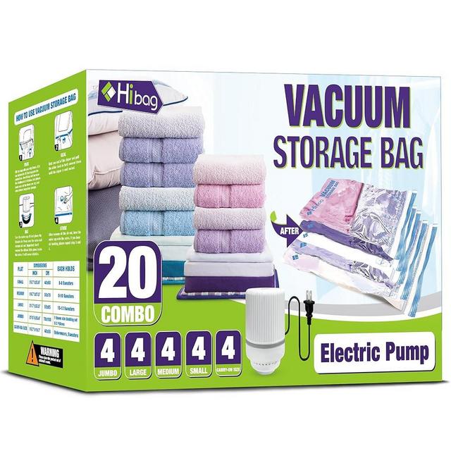 HIBAG Vacuum Storage Bags with Electric Pump, Vacuum Seal Space Saver Bags for Clothes, Clothing, Pillows, Blanket Bedding Comforters, Combo 20 pack