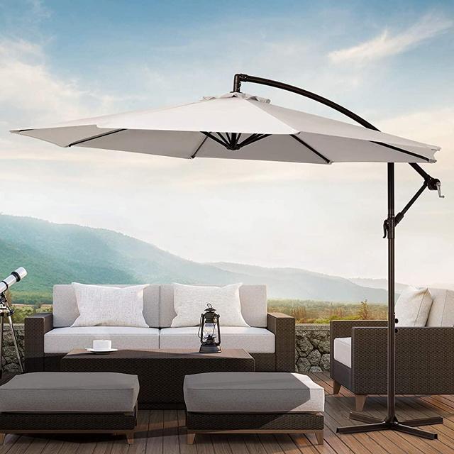 KITADIN Offset Umbrella 10Ft Cantilever Patio Hanging Umbrella Outdoor Market Umbrellas with Crank Lift & Cross Base (Beige)