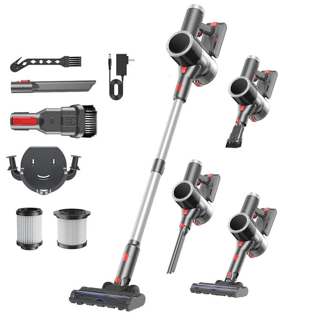 Prasky Cordless Vacuum Cleaner, Stick Vacuum Rechargeable, 550W 45KPA Powerful Suction Lightweight Vacuum Cleaners for Home, Anti-Tangle, Self Standing for Pet Hair Hardwood Floor Carpet - Sliver