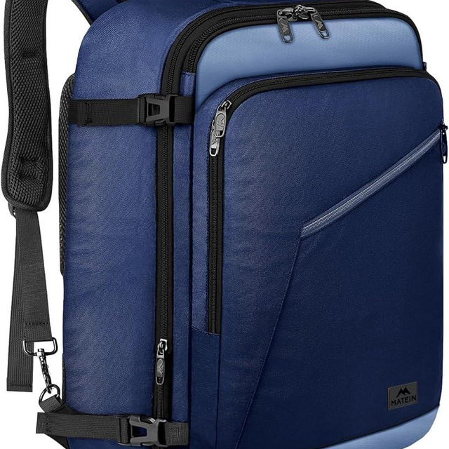 MATEIN Expandable Travel Backpack for Airplanes, Large Capacity Carryon Backpack for Men Women, Water Resistant Airline Approved Bags with Adjustable Shoulder Straps for International Trip, Grey Blue