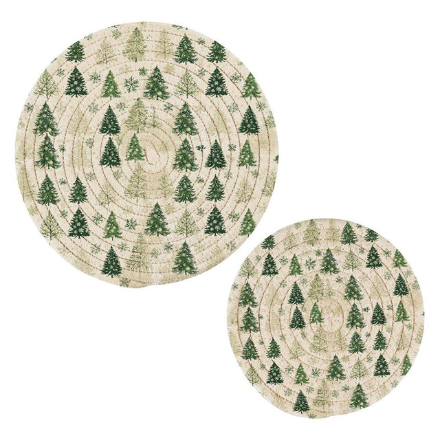 ElliTarr Trivets for Hot Dishes Pots and Pans 2 PC Pot Holders Heat Resistant Cotton Round Potholders for Kitchen Countertop Decorative Tree Green Christmas