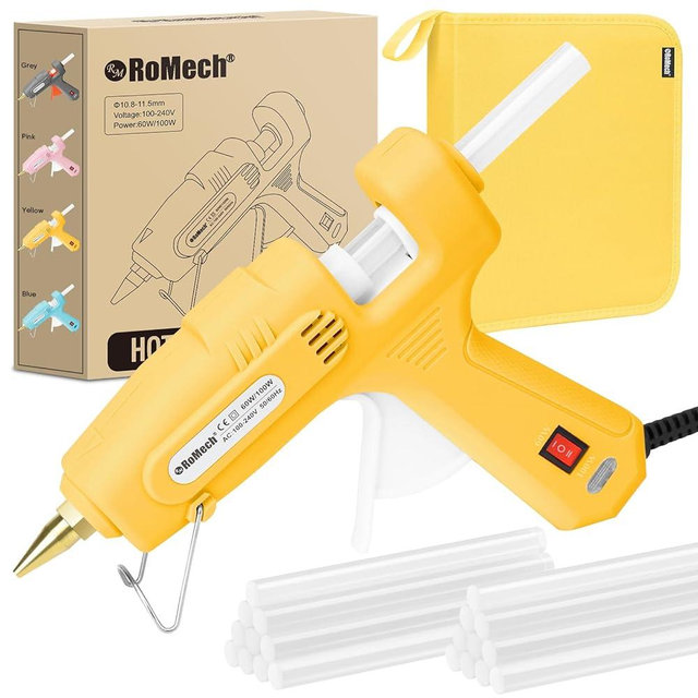 ROMECH Full Size Hot Glue Gun with 60/100W Dual Power and 21 Hot Glue Sticks (7/16"), Fast Preheating Heavy Duty Industrial Gluegun with Storage Case for Crafting, DIY and Repairs (Yellow)