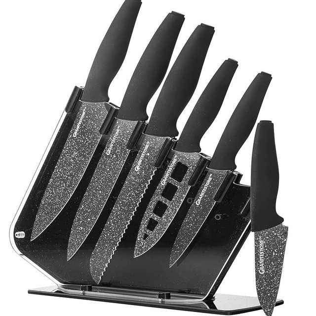 Nutriblade Knife Set with Block by Granitestone 6-Piece Professional Kitchen Chef’s Knives Ultra Sharp Stainless Steel Blades and Nonstick Granite Coating, Easy-Grip and Dishwasher-safe, Black