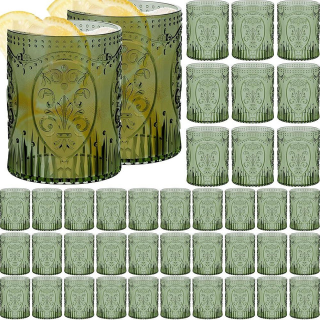 Qinyoung 48 Plastic Vintage Drinking Glasses 8.5oz Stemless Retro Embossed Wine Glasses Shatterproof Reusable Cups for Baby Shower Wedding Reception Grand Event Party (Dark Green)